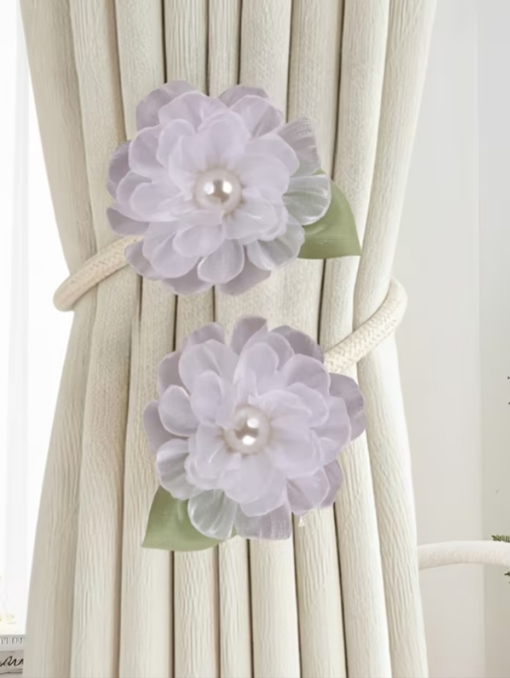 Decorative White Fabric Flower Curtain Tiebacks with Pearl Center - Brand
